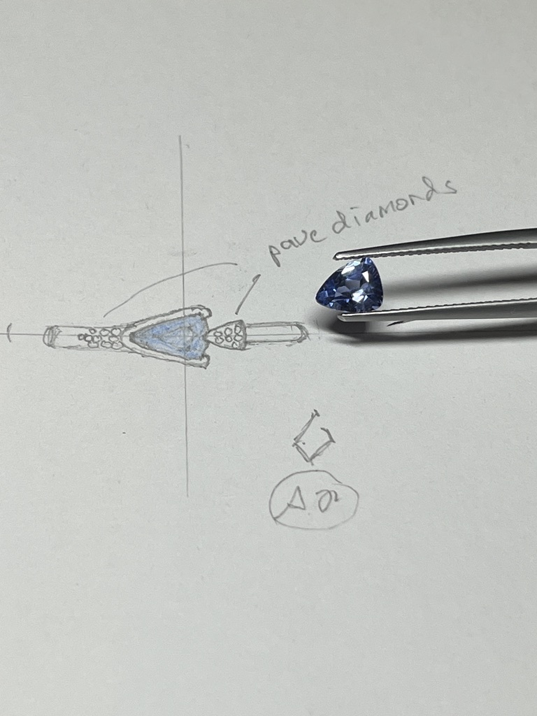 sketch with trilliant blue sapphire