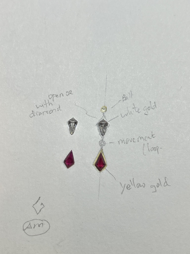 Sketch for kite-shaped ruby and diamond earrings
