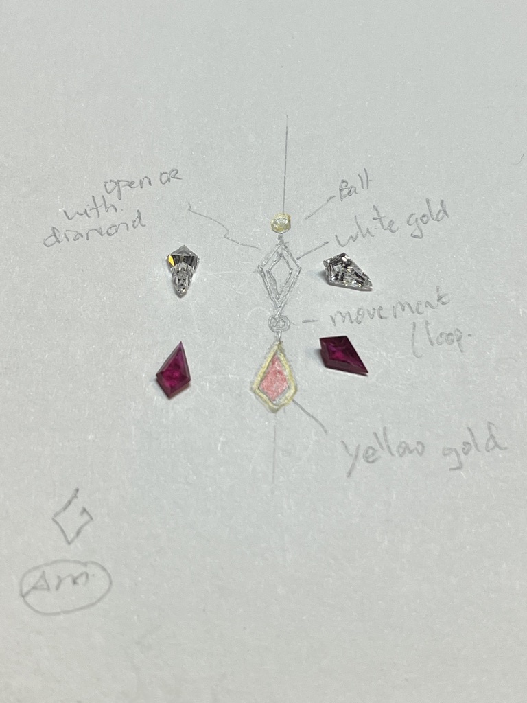 Sketch for kite-shaped ruby and diamond earrings