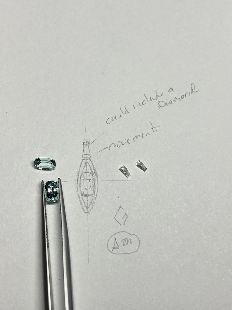 sketch with loose green beryl and diamonds
